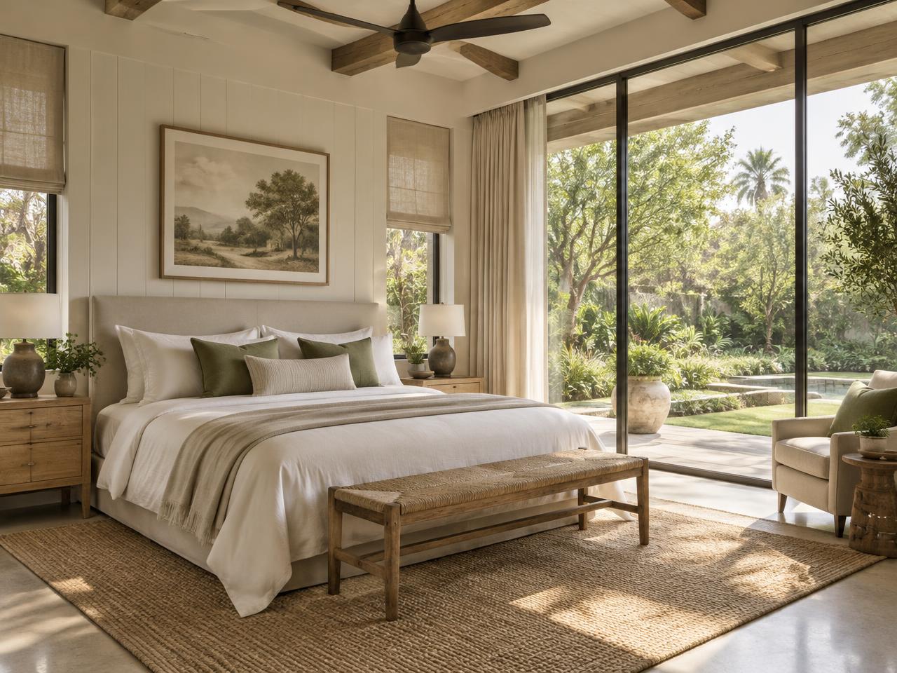 Concept illustration of a calm, garden-facing bedroom